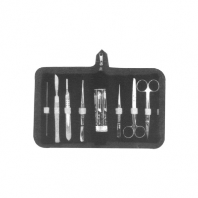 1- Probe double 12.5 cm 2- Scalpel 3- B.P Handle No. 4 4- 6 PCS Blade 2 each no. 21, 22, 23 5- Disse